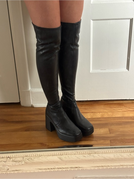 L'INTERVALLE Shoes - L’intervalle Leather Over-the-Knee Platform Block Heel Boots - Black